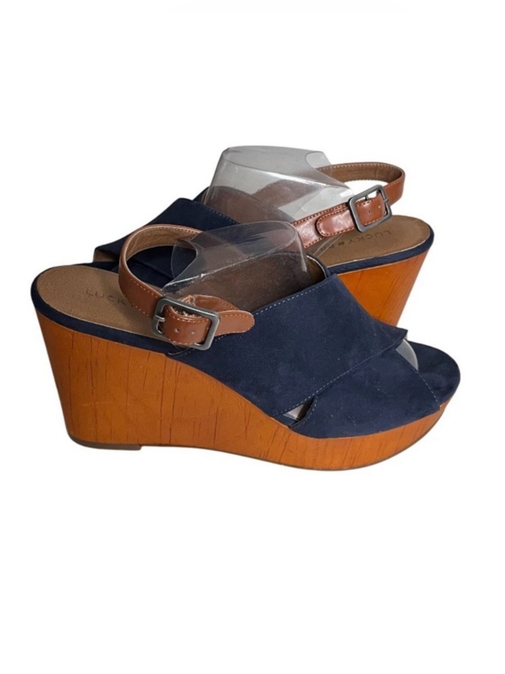 LUCKY BRAND Merrona Wedge Sandal Blue Faux Suede Adjustable Sling Back Size 10 B